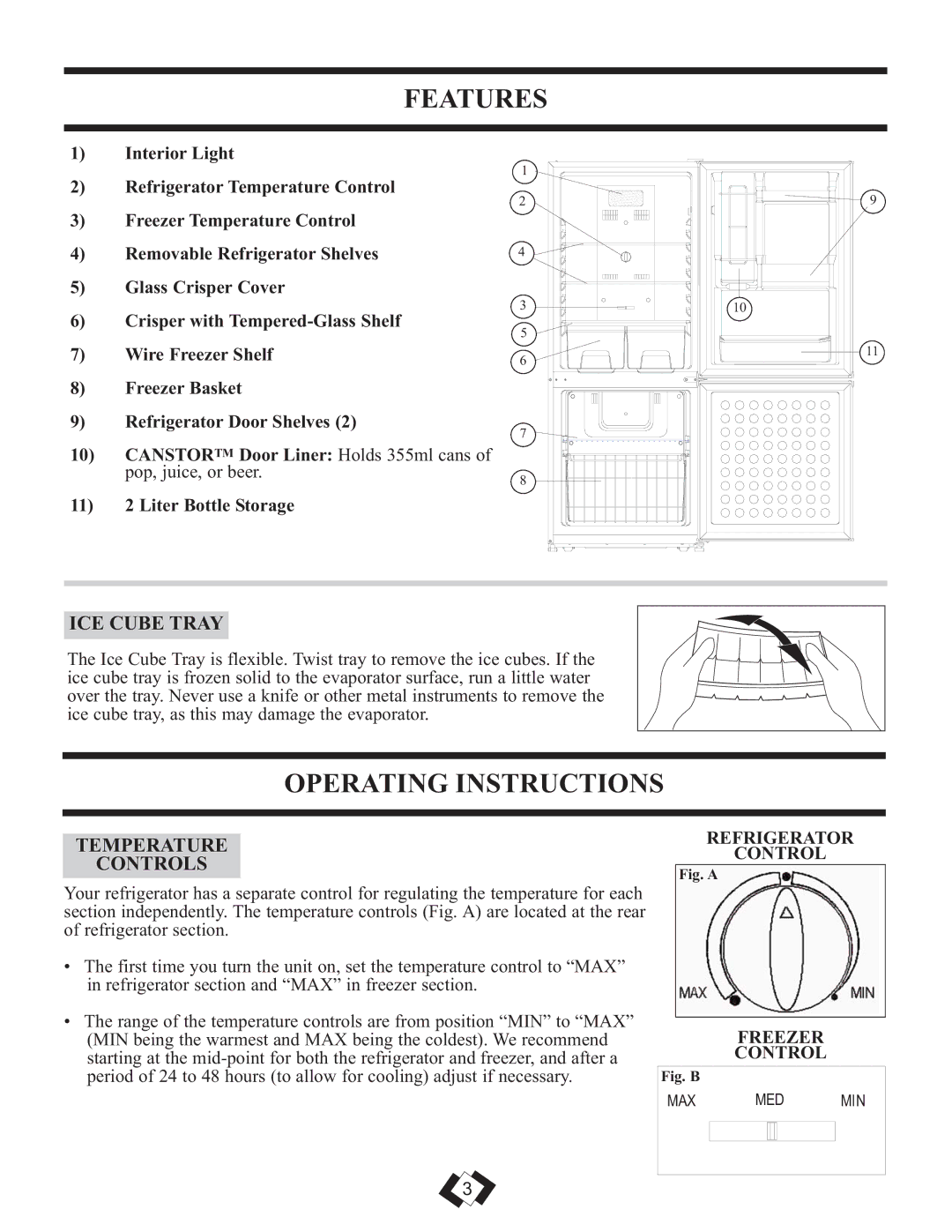 Danby DFF261WDB installation instructions Features, Operating Instructions, ICE Cube Tray, Temperature Controls 