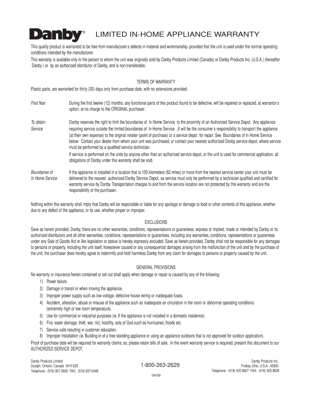 Danby DFF261WDB installation instructions Limited IN-HOME Appliance Warranty 