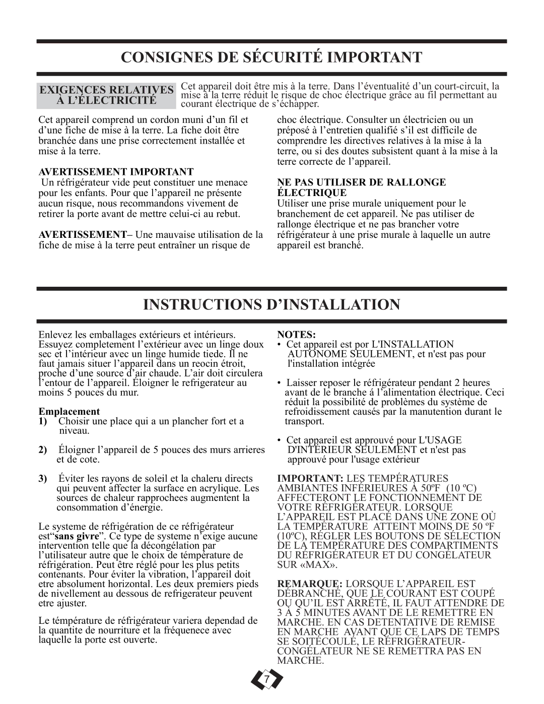 Danby DFF261WDB Consignes DE Sécurité Important, Instructions D’INSTALLATION, Exigences Relatives, ’Électricité 