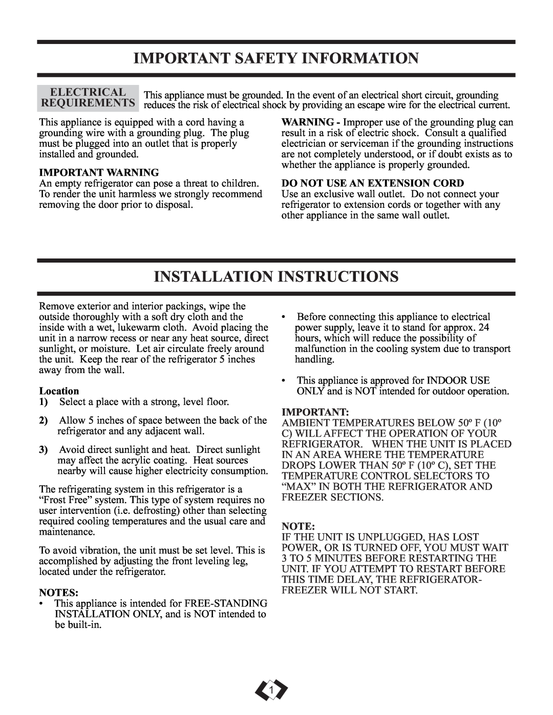 Danby DFF261WDB installation instructions Important Safety Information, Installation Instructions, Electrical, Requirements 