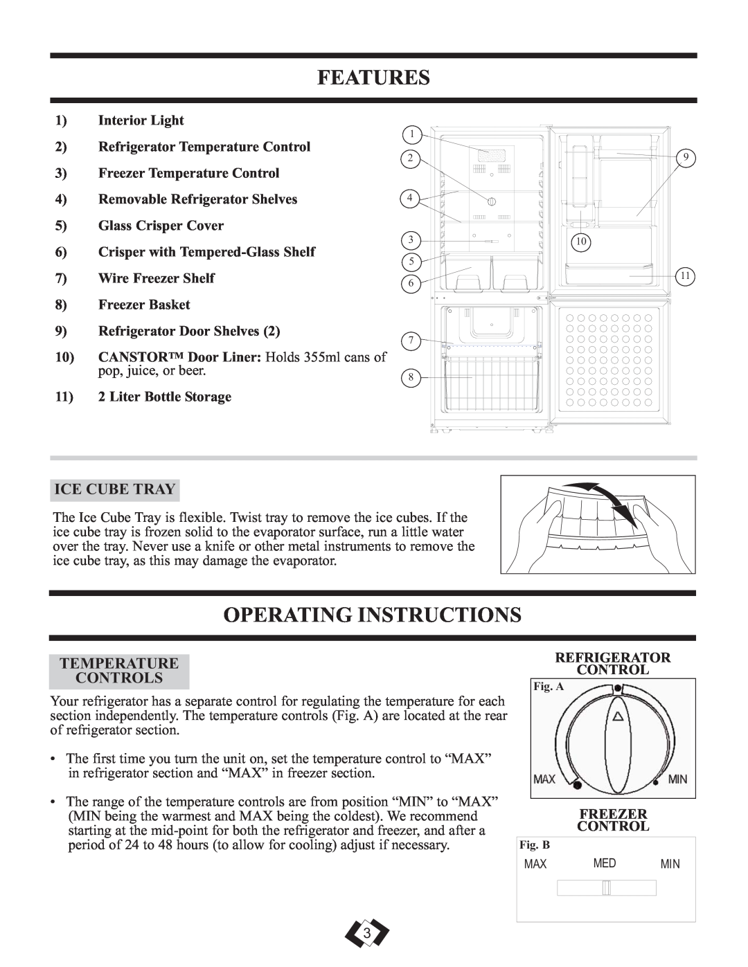 Danby DFF261WDB installation instructions Features, Operating Instructions, Ice Cube Tray, Temperature Controls 