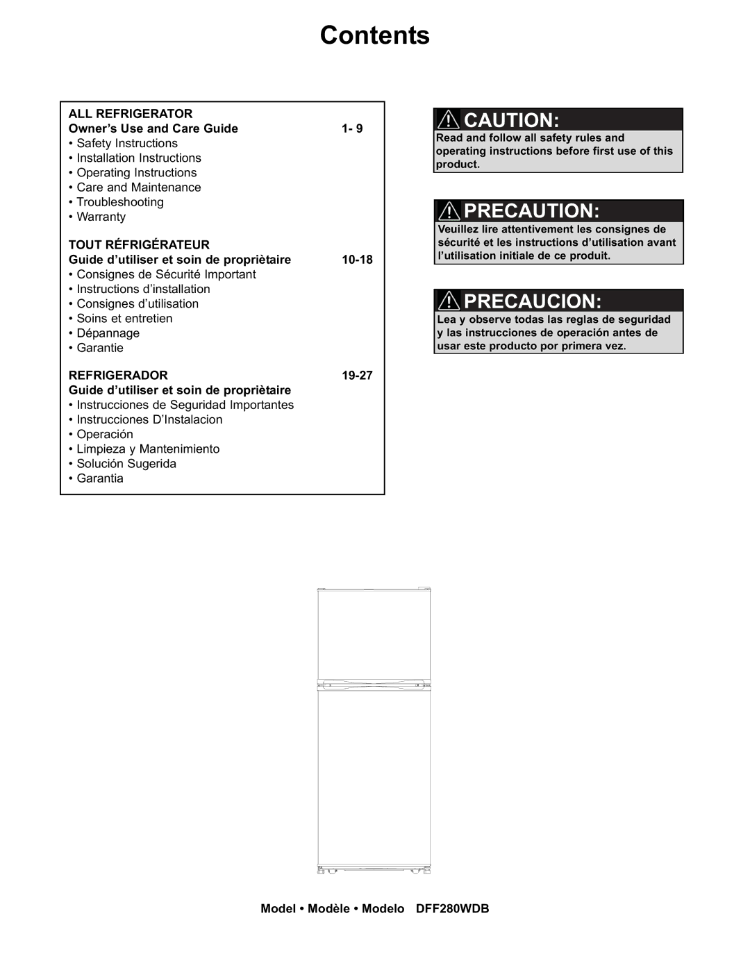 Danby DFF280WDB manual Contents 