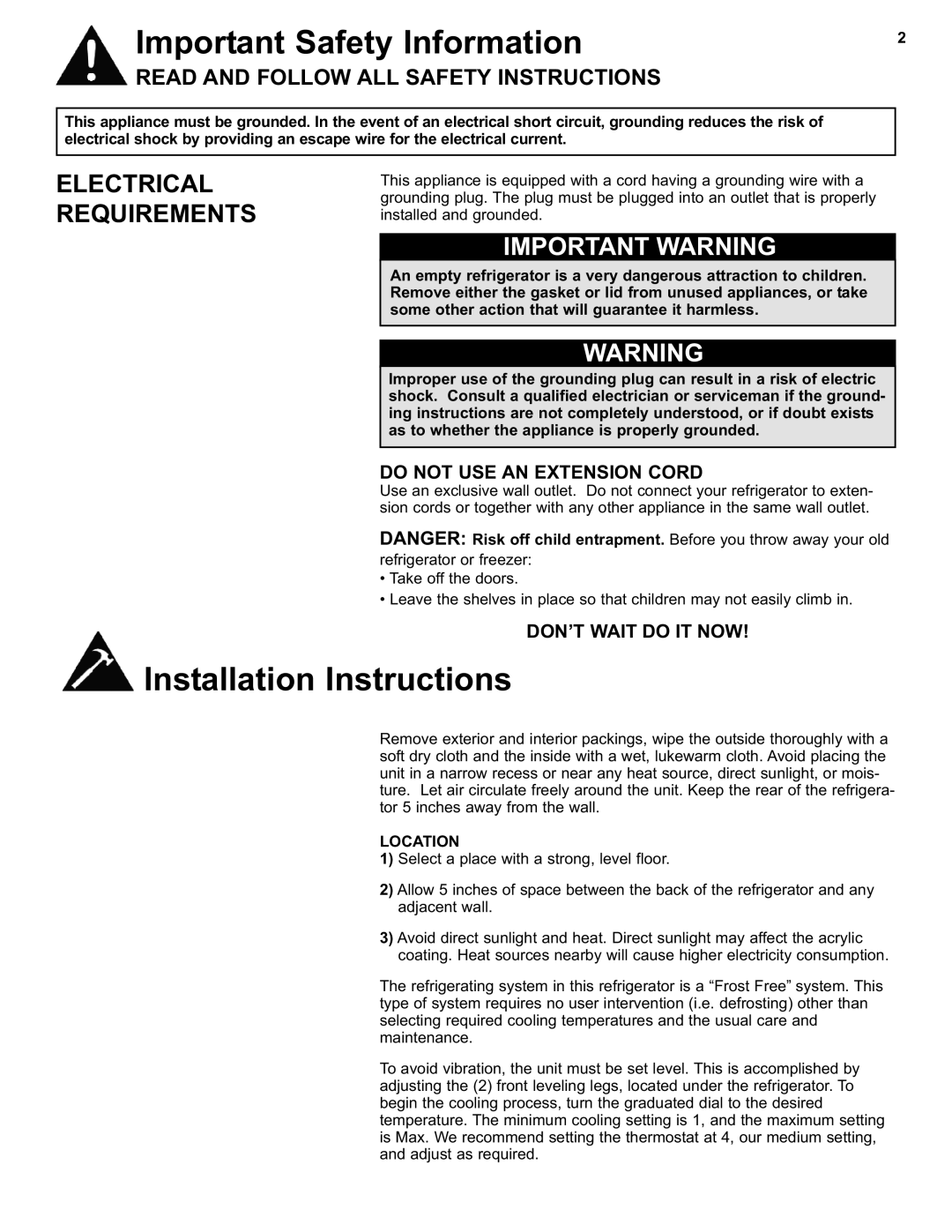 Danby DFF280WDB manual Important Safety Information, Installation Instructions, Electrical Requirements, Important Warning 