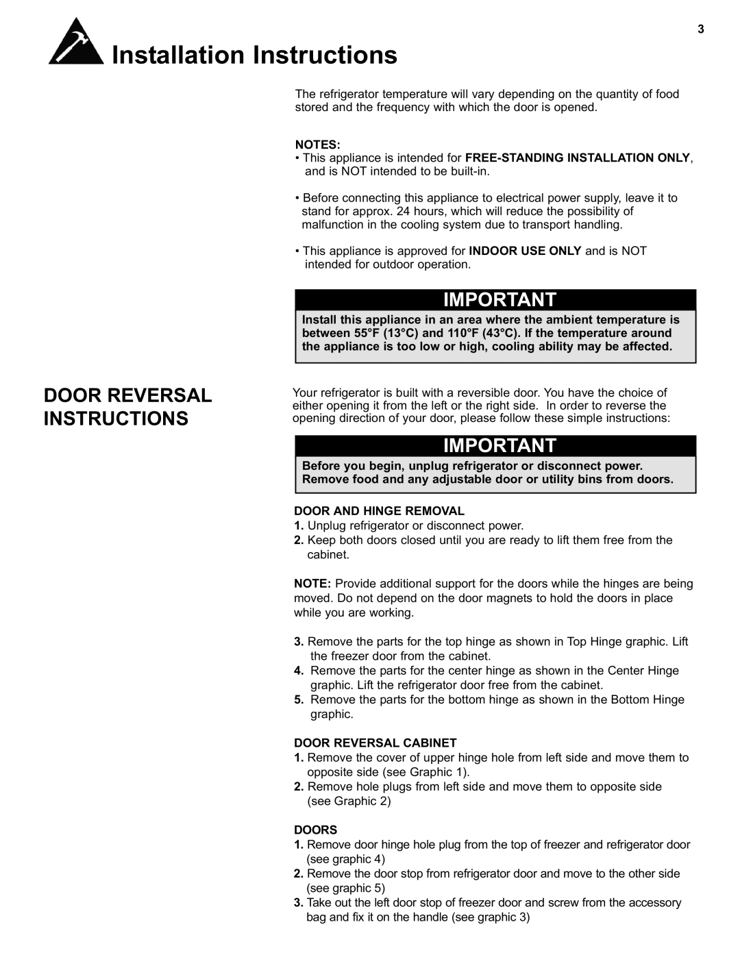 Danby DFF280WDB manual Door Reversal Instructions, Door and Hinge Removal, Door Reversal Cabinet, Doors 