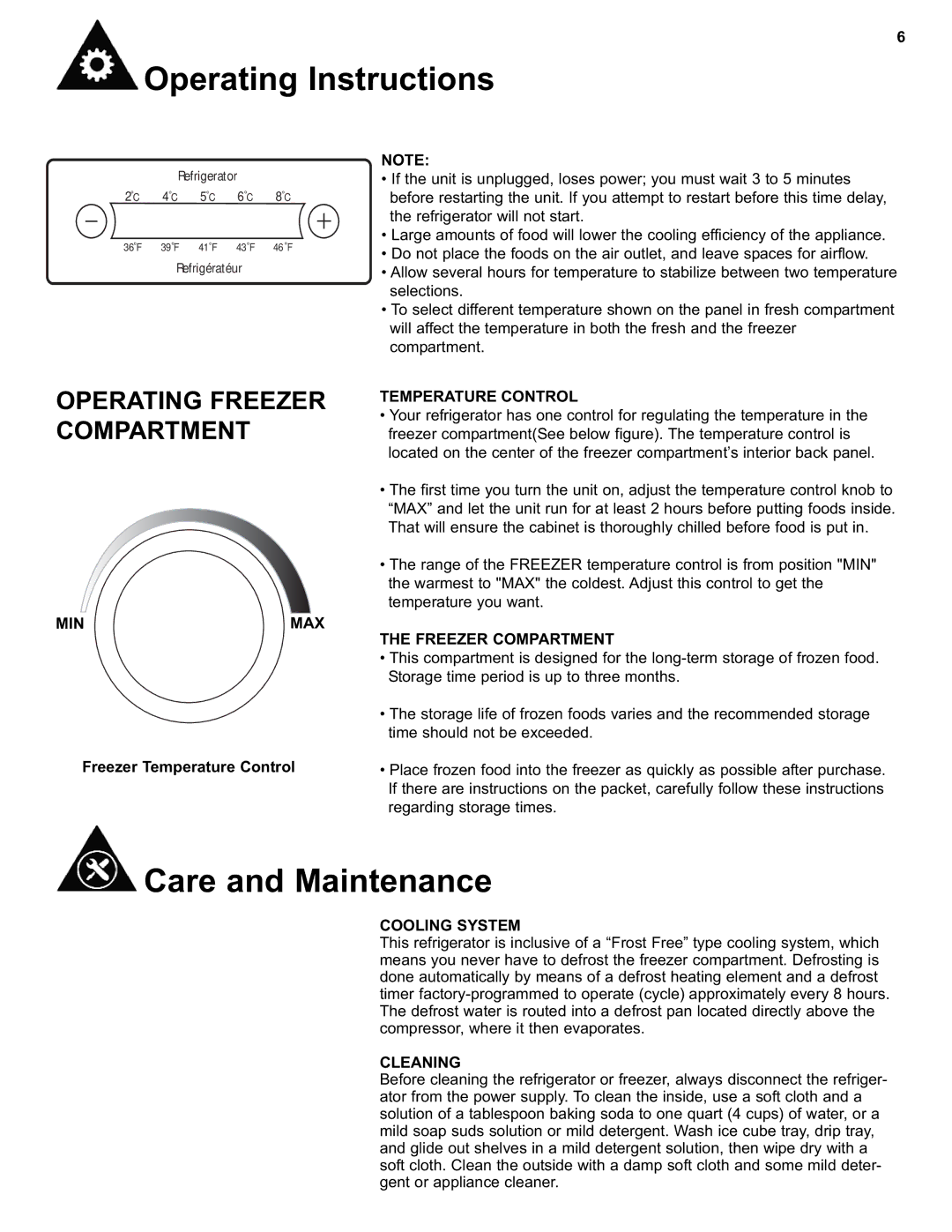 Danby DFF280WDB manual Care and Maintenance, Operating Freezer Compartment 