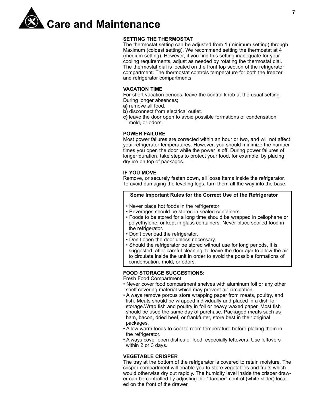 Danby DFF280WDB manual Setting the Thermostat, Vacation Time, Power Failure, If YOU Move, Food Storage Suggestions 