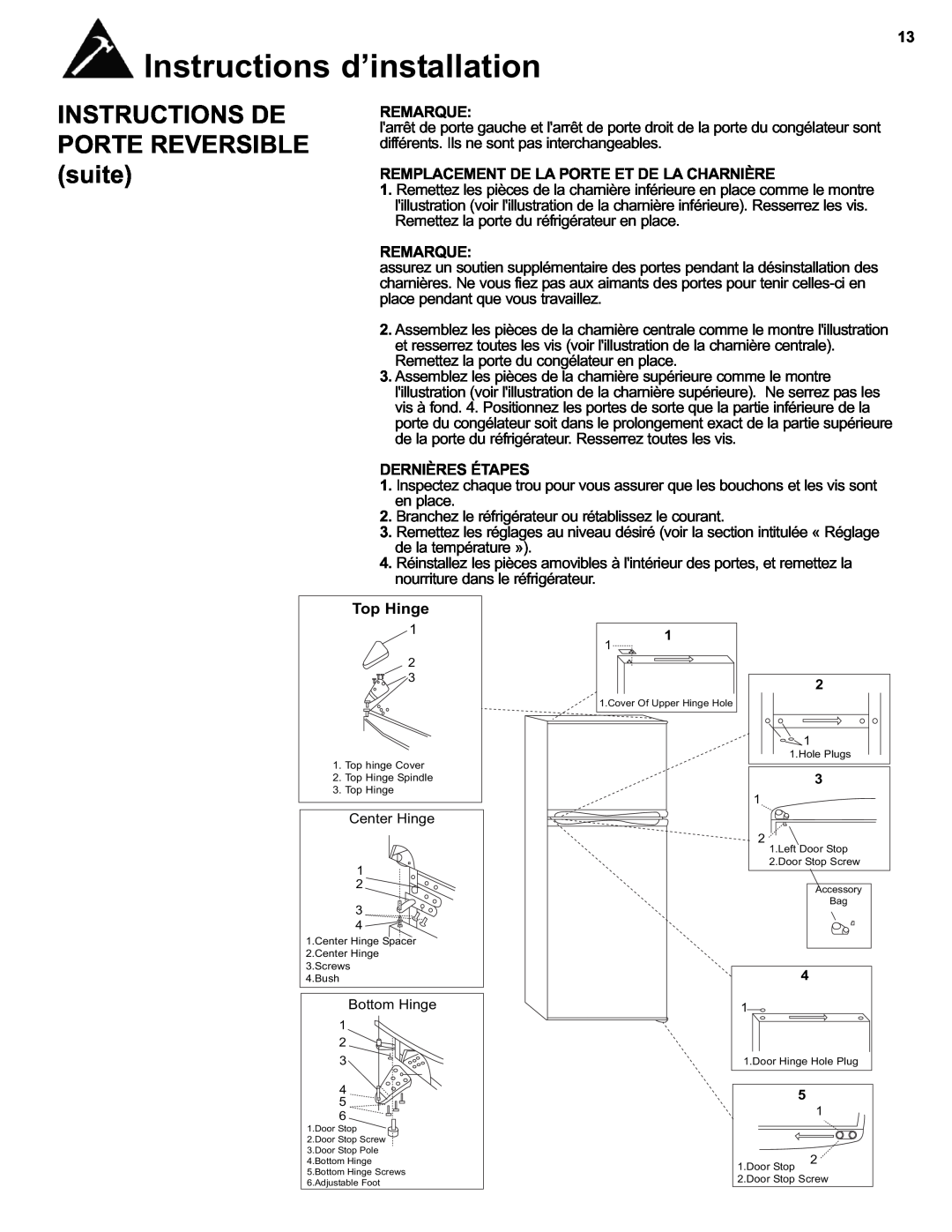 Danby DFF280WDB manual Instructions De, Porte Reversible, suite, Remarque, différents. Ils ne sont pas interchangeables 