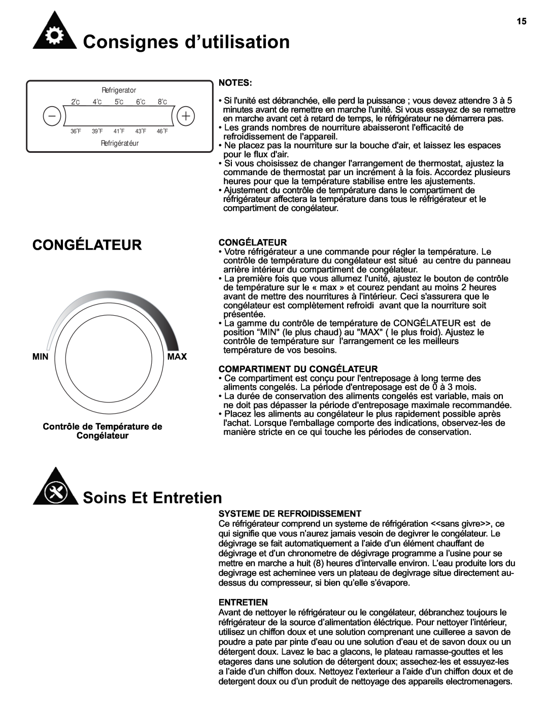 Danby DFF280WDB manual Soins Et Entretien, MINMAX Contrôle de Température de Congélateur, Compartiment Du Congélateur 