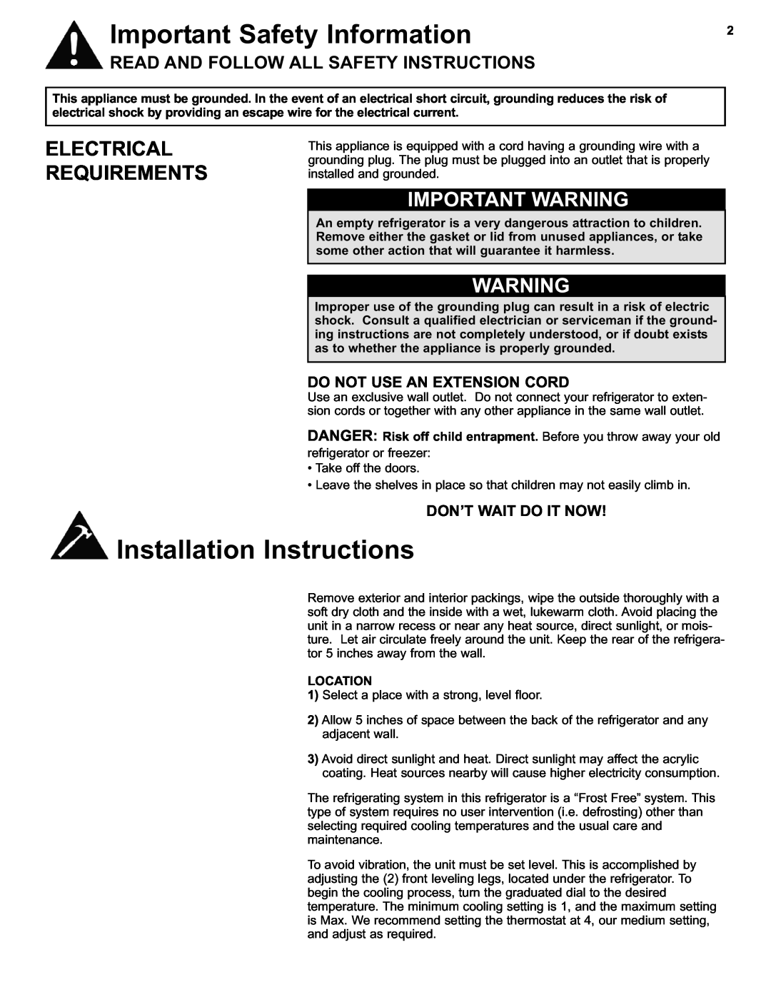 Danby DFF280WDB manual Important Safety Information, Installation Instructions, Electrical Requirements, Important Warning 