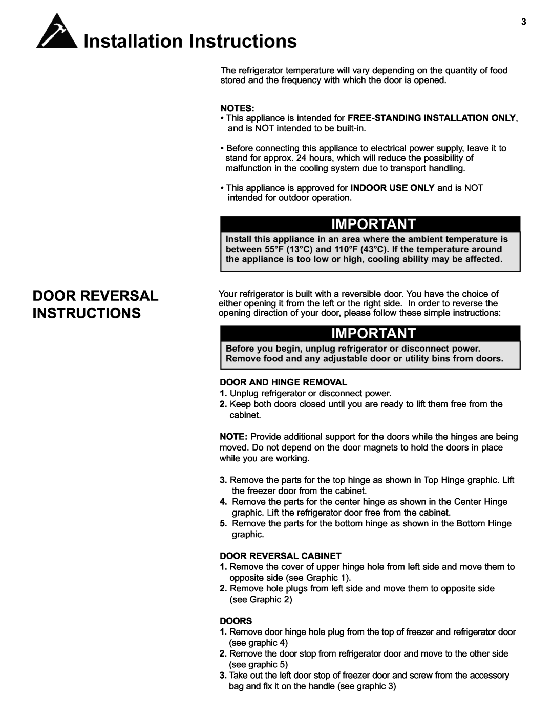 Danby DFF280WDB manual Door Reversal Instructions, Door And Hinge Removal, Door Reversal Cabinet, Doors 