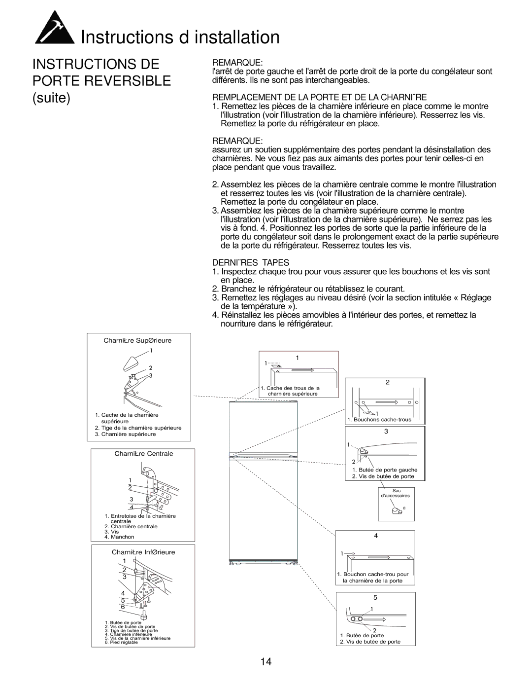 Danby DFF282SLDB manual Remarque, Remplacement DE LA Porte ET DE LA Charnière, Dernières Étapes 