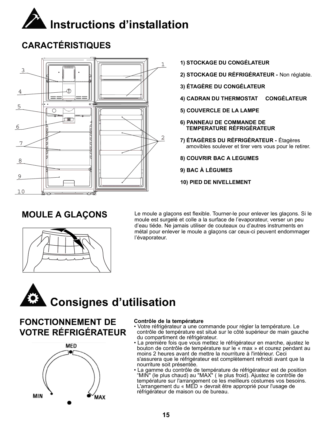 Danby DFF282SLDB Consignes d’utilisation, Moule a Glaçons, Fonctionnement DE Votre Réfrigérateur, Stockage DU Congélateur 