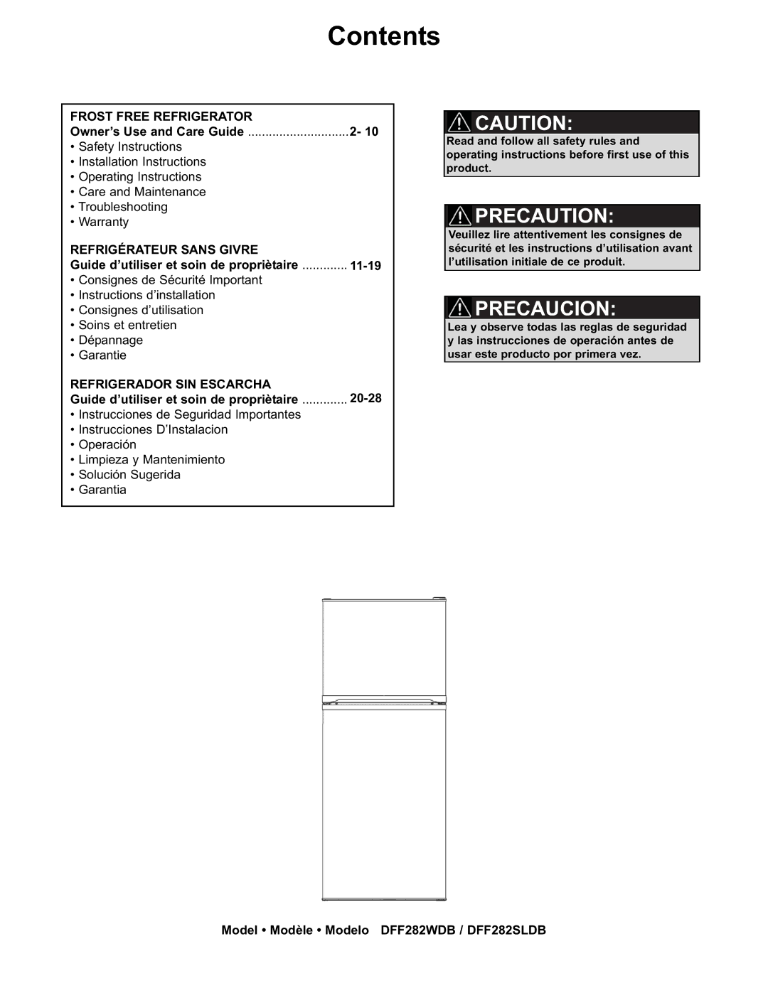 Danby DFF282SLDB manual Contents 