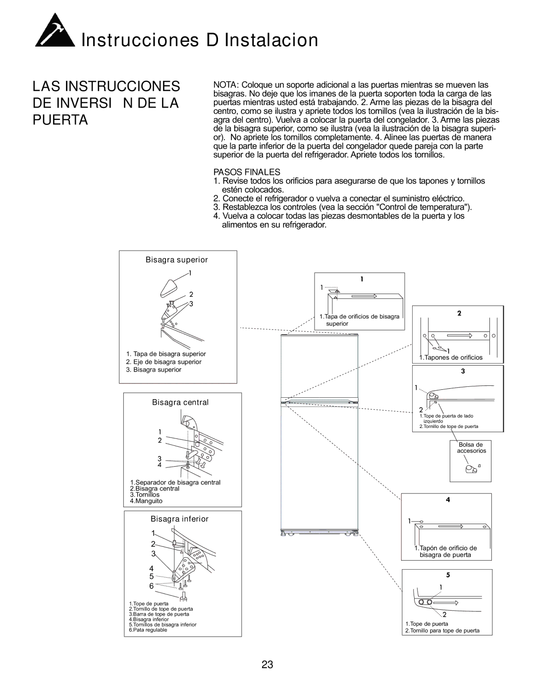 Danby DFF282SLDB manual Pasos Finales, Bisagra superior 