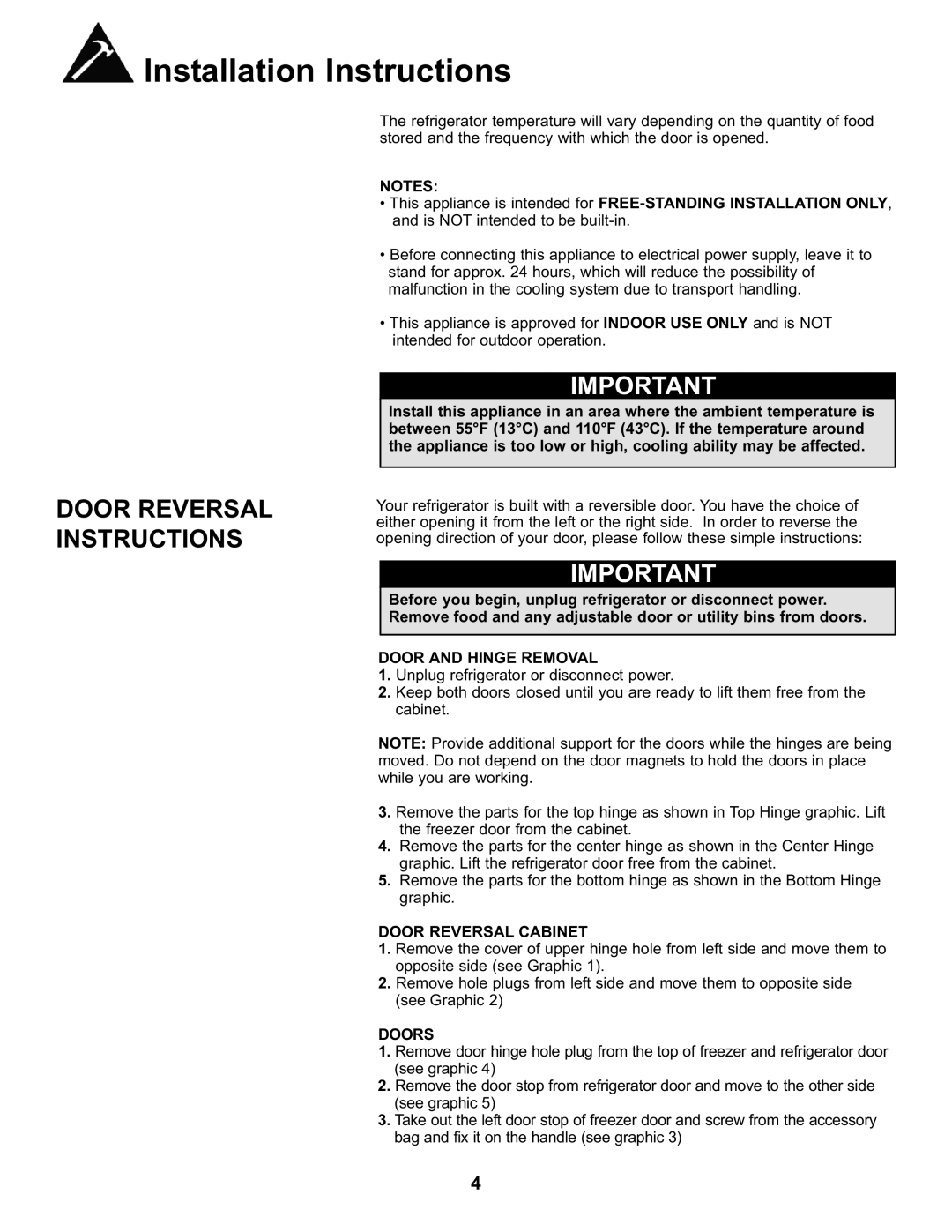 Danby DFF282SLDB manual Door Reversal Instructions, Door and Hinge Removal, Door Reversal Cabinet, Doors 