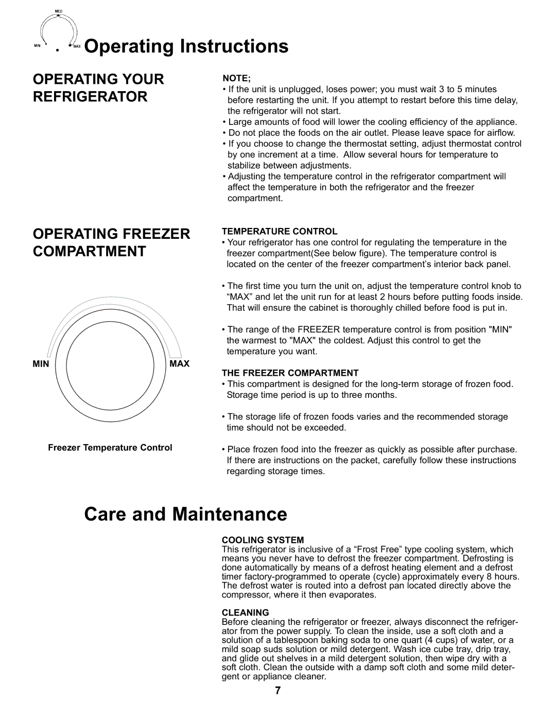 Danby DFF282SLDB manual Care and Maintenance, Operating Your Refrigerator Operating Freezer Compartment 