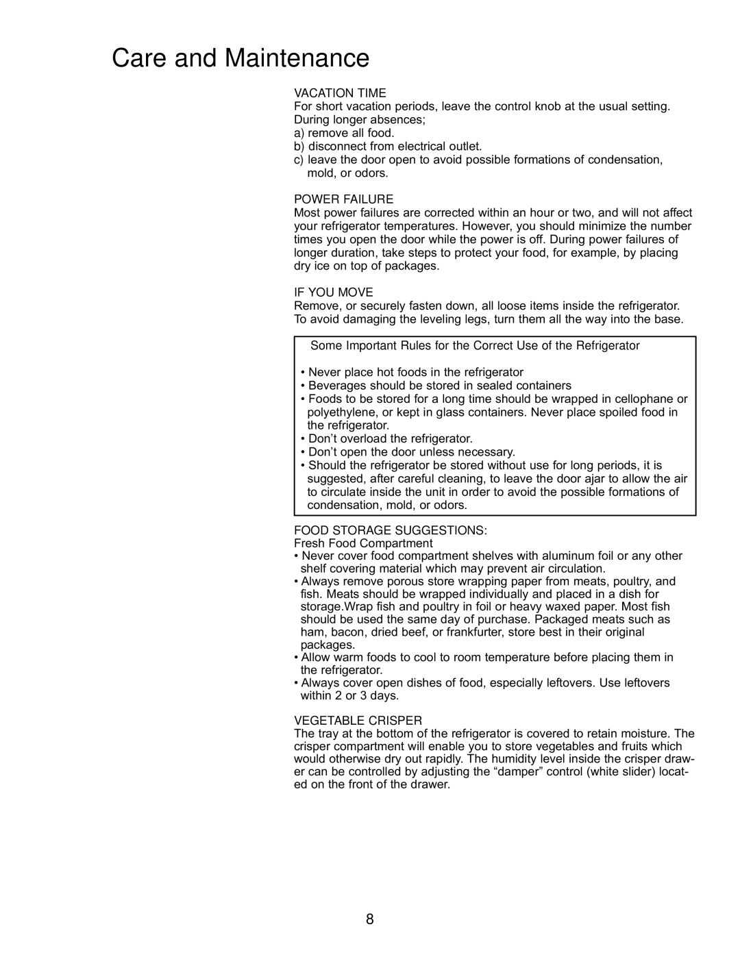 Danby DFF282SLDB manual Vacation Time, Power Failure, If YOU Move, Food Storage Suggestions, Vegetable Crisper 