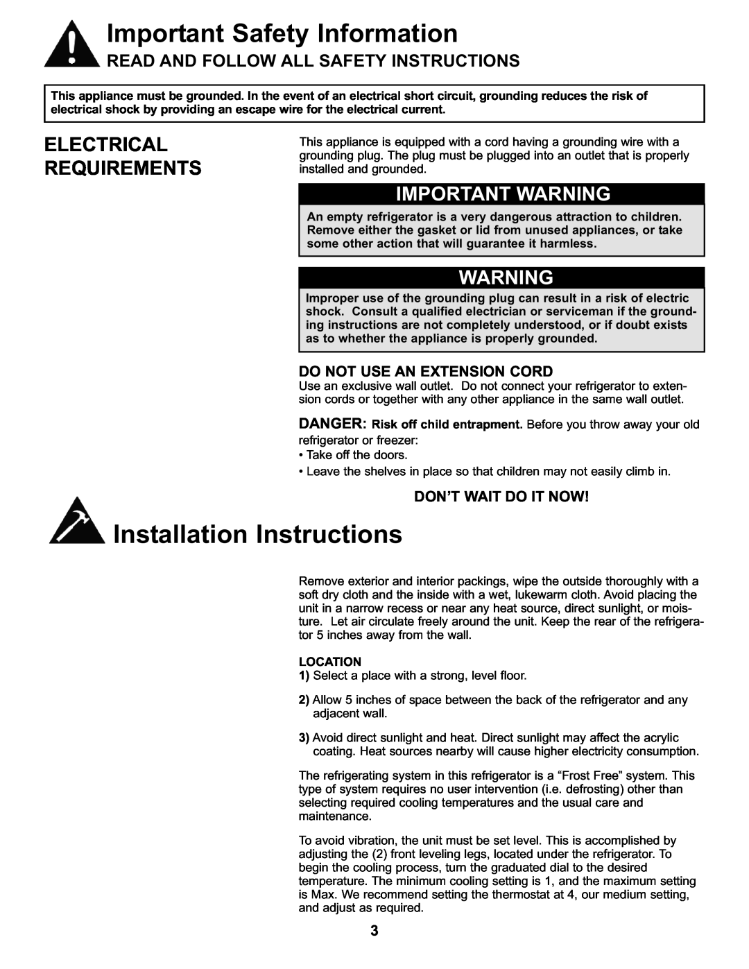 Danby DFF282SLDB manual Important Safety Information, Installation Instructions, Electrical Requirements, Important Warning 