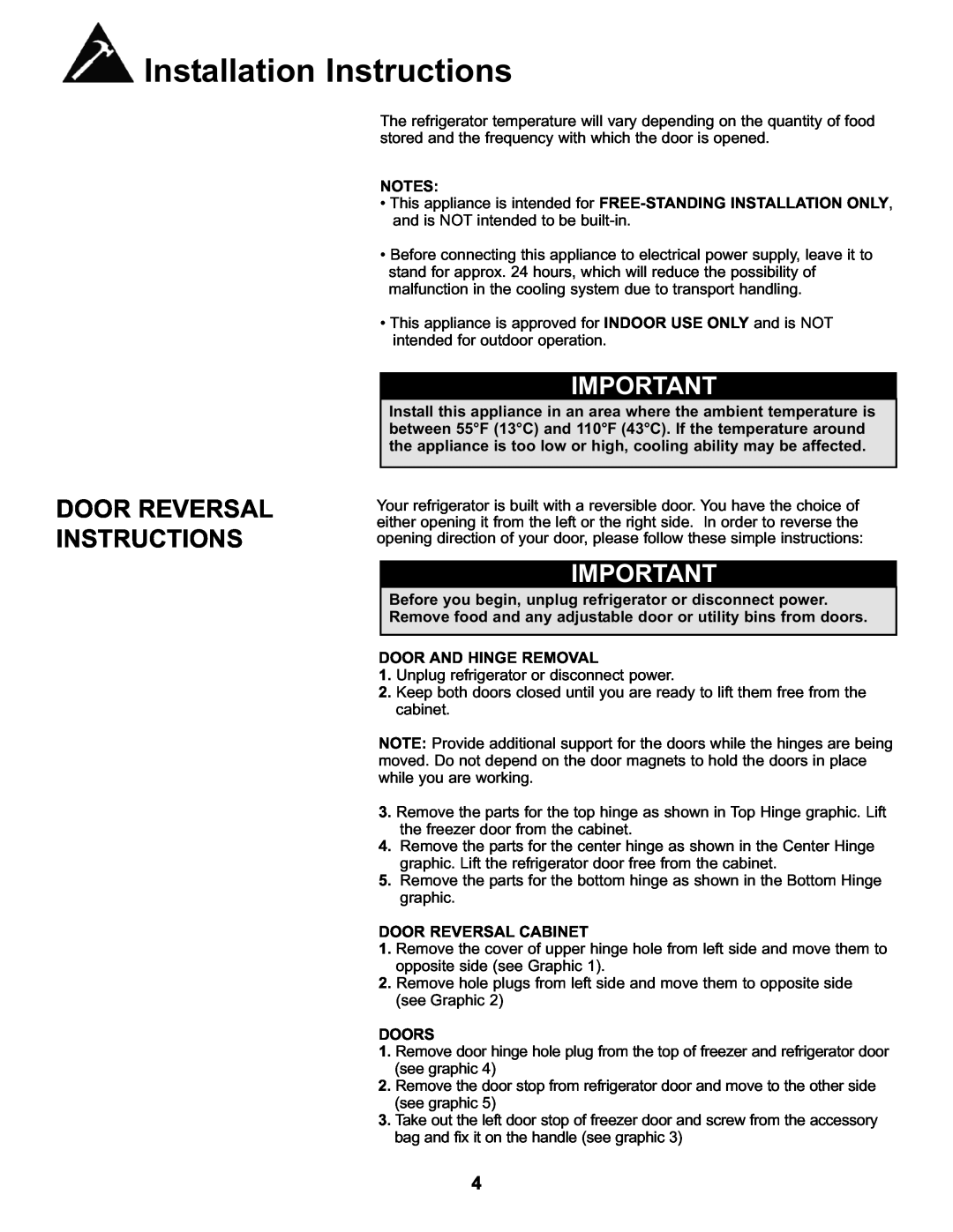 Danby DFF282SLDB manual Door Reversal Instructions, Door And Hinge Removal, Door Reversal Cabinet, Doors 