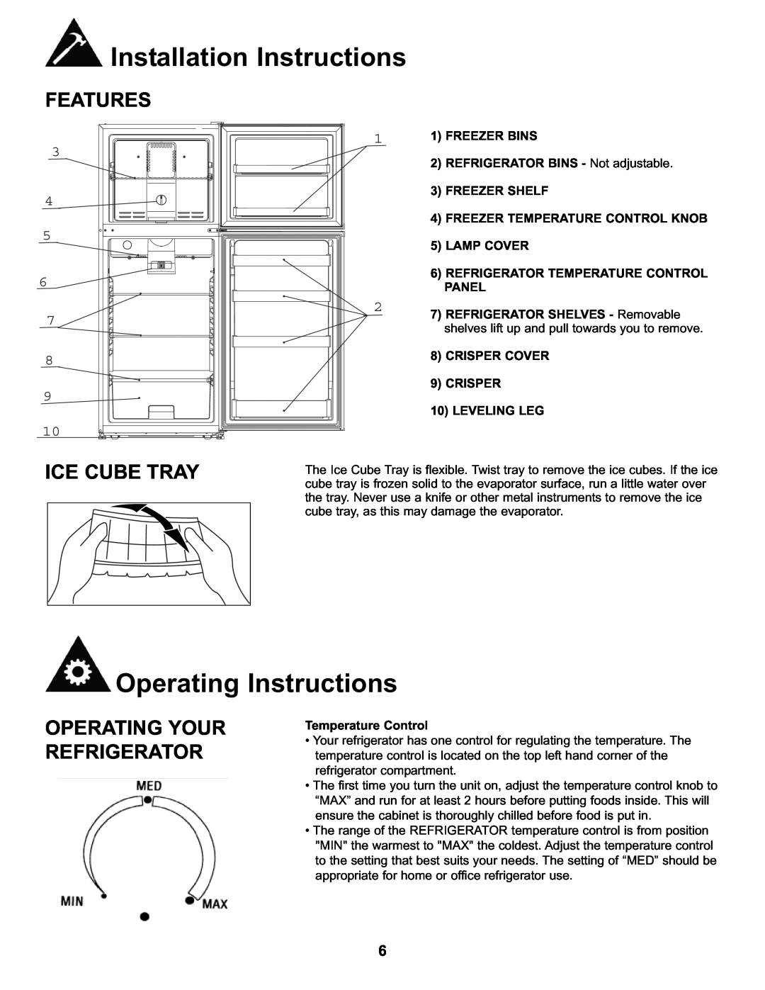 Danby DFF282SLDB manual Operating Instructions, Features, Ice Cube Tray, Operating Your Refrigerator, 5LAMP COVER 