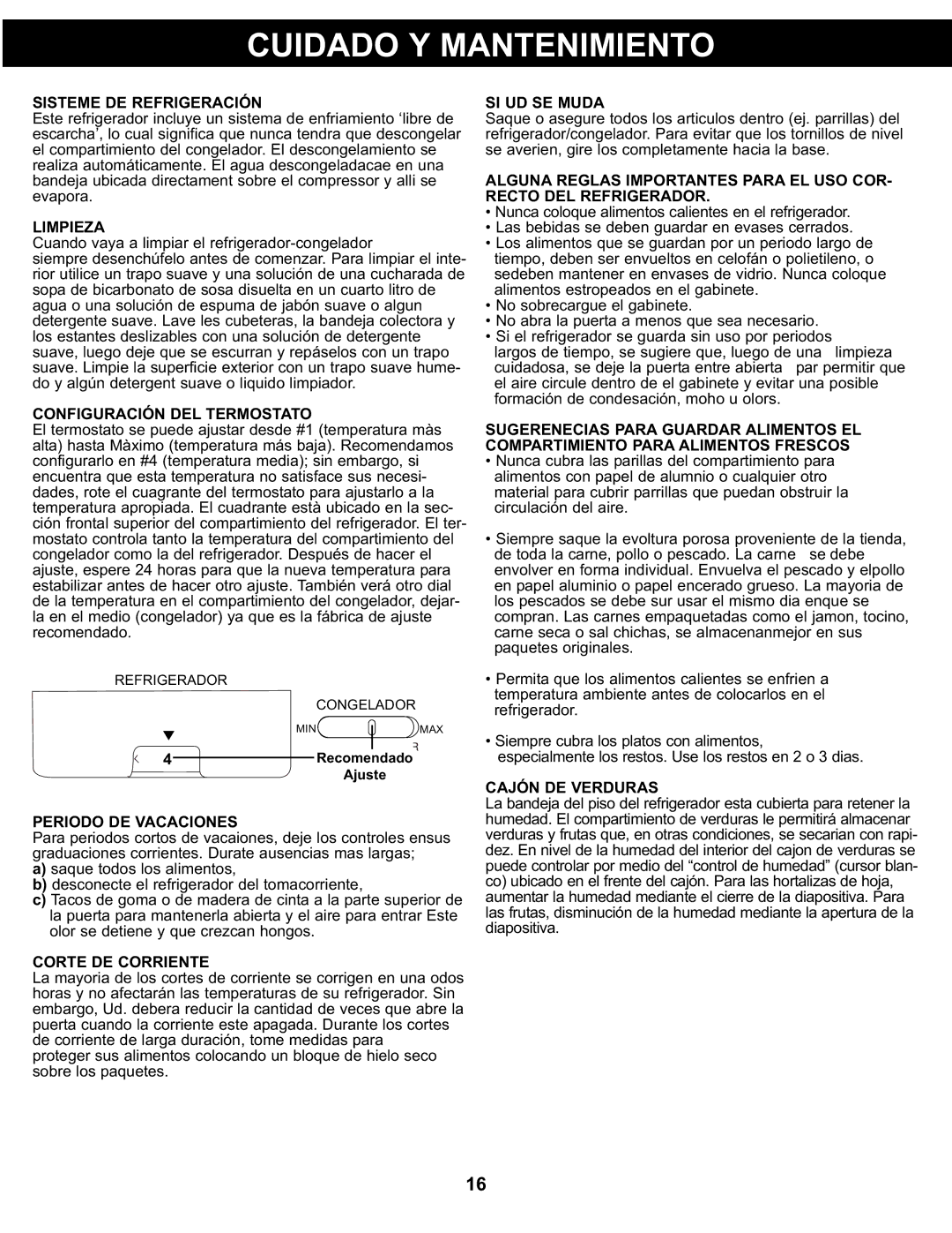 Danby DFF311WDD manual Cuidado Y Mantenimiento 