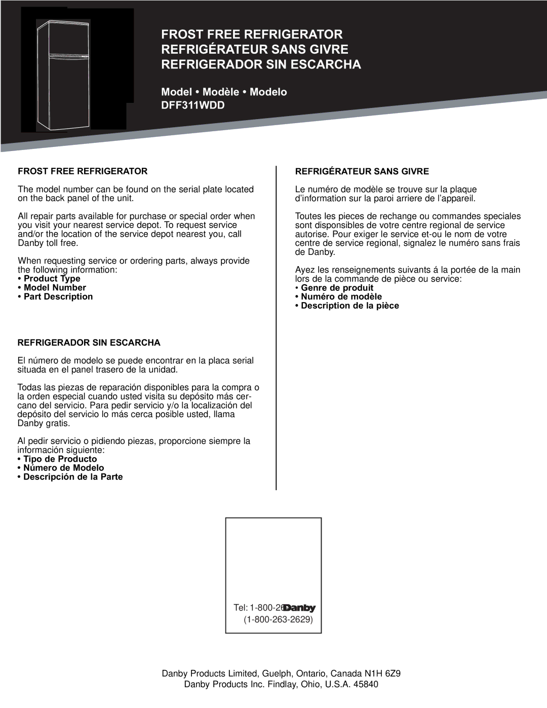 Danby DFF311WDD Product Type Model Number Part Description, Tipo de Producto Número de Modelo Descripción de la Parte 