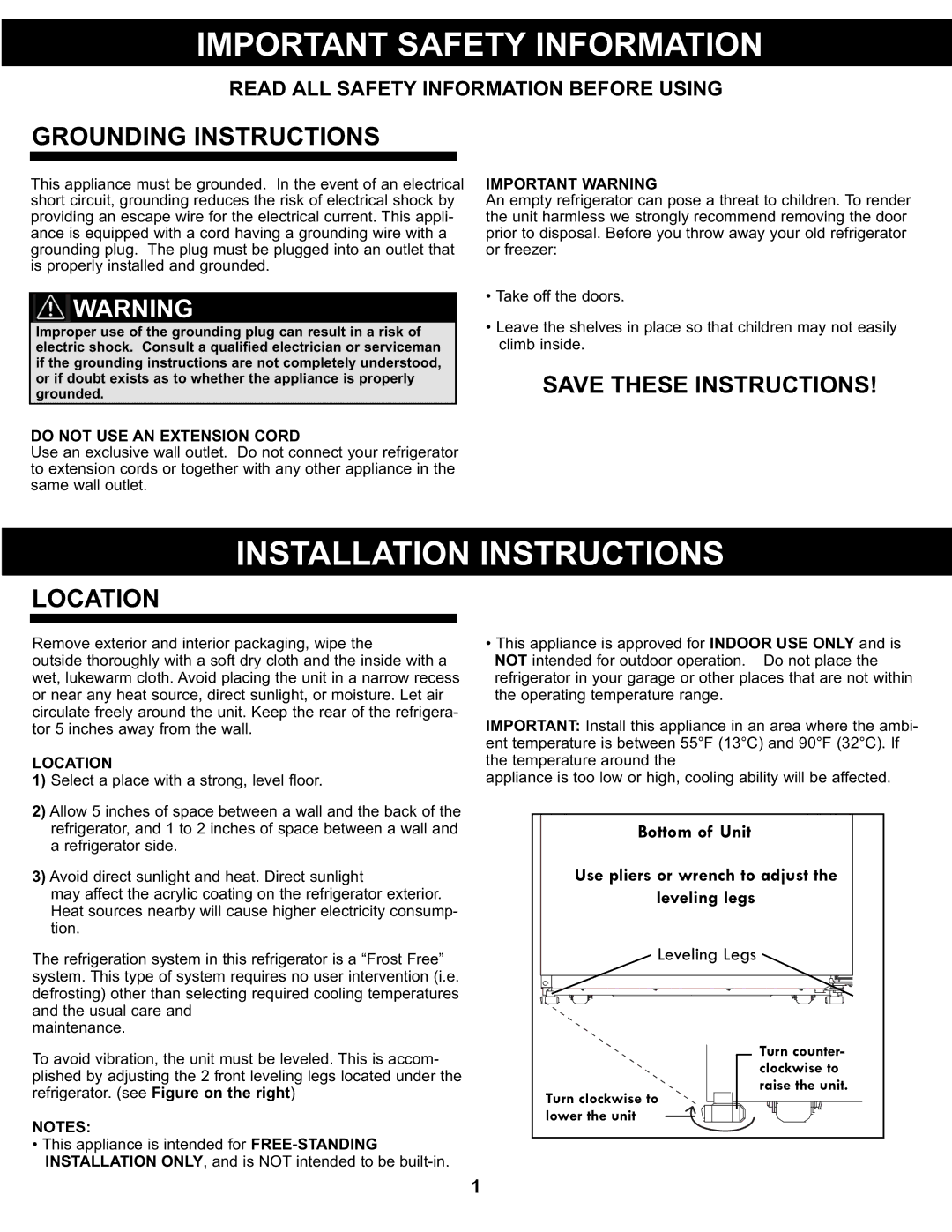 Danby DFF311WDD manual Important Safety Information, Installation Instructions, Grounding Instructions, Location 