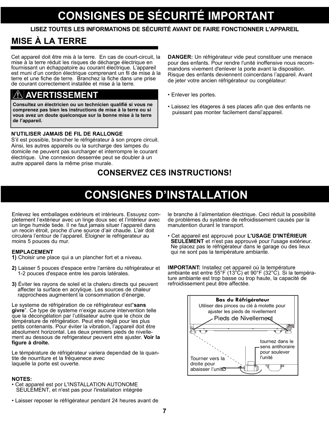 Danby DFF311WDD manual Consignes DE Sécurité Important, Consignes D’INSTALLATION, Mise À LA Terre, Emplacement 