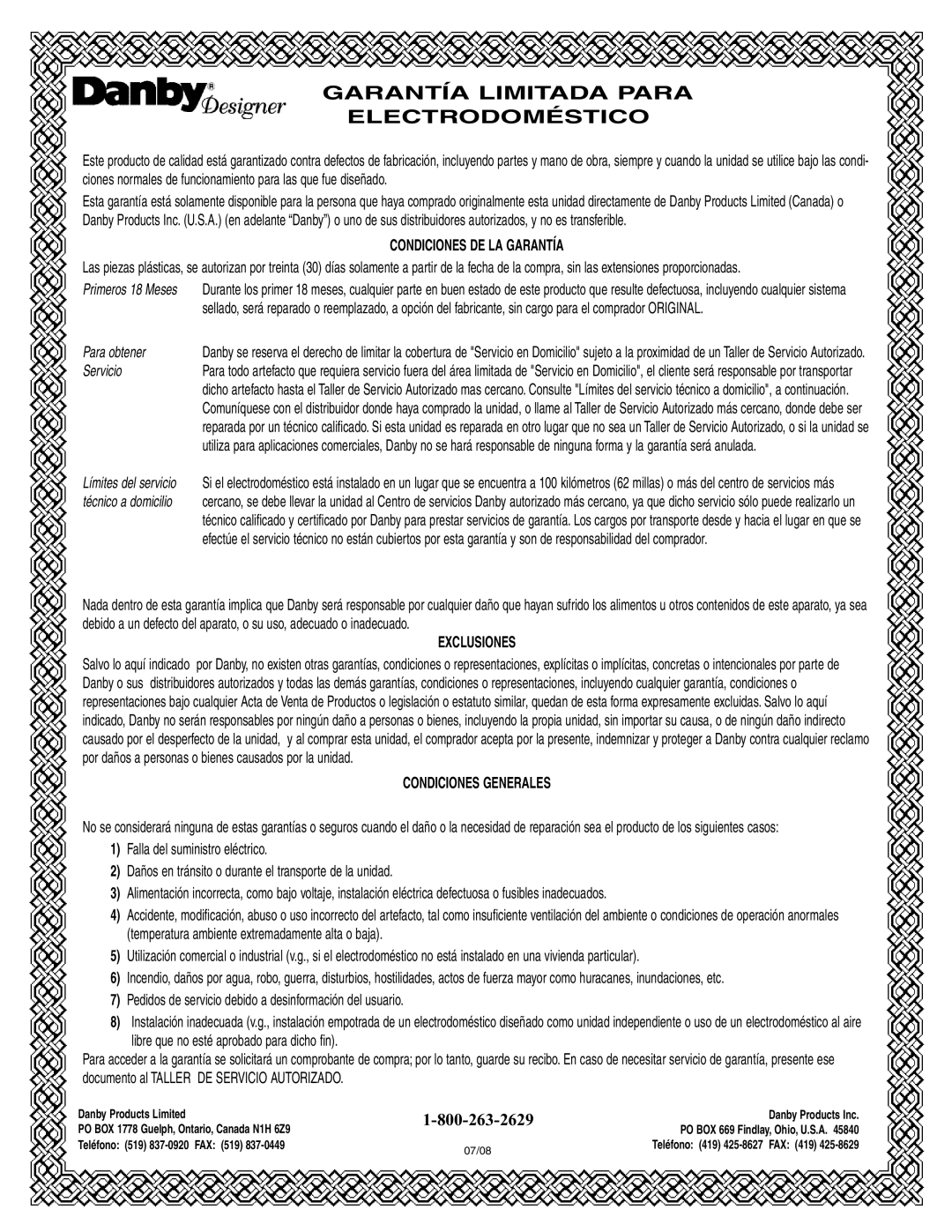 Danby DFF311WDD manual Condiciones De La Garantía, Para obtener, Servicio, Exclusiones, Condiciones Generales 