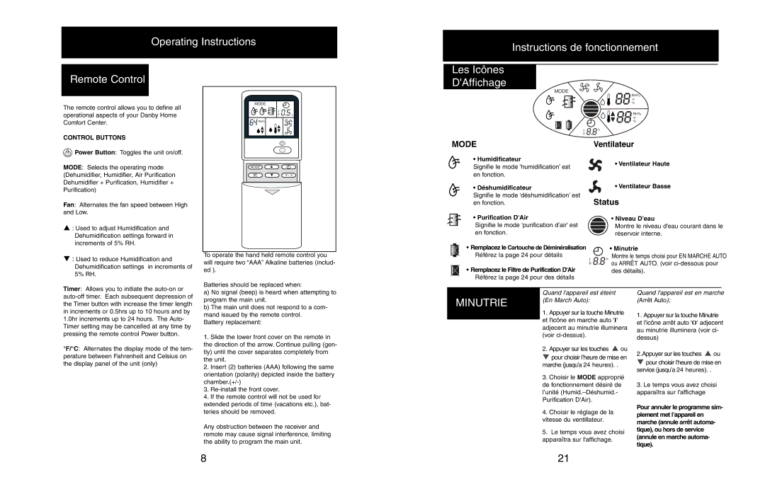 Danby DHCC6020 owner manual Minutrie, Ventilateur Haute Ventilateur Basse, Niveau D’eau 