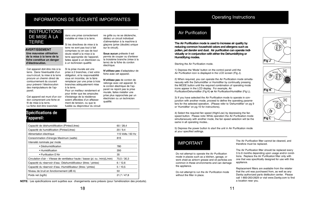 Danby DHCC6020 owner manual Informations DE Sécurité Importantes, Air Purification 