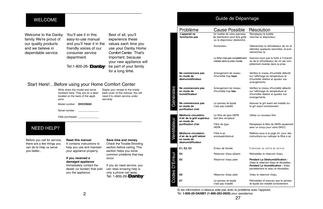 Danby DHCC6020 owner manual Welcome, Guide de Dépannage, Need HELP?, Générales, Ventillateur 