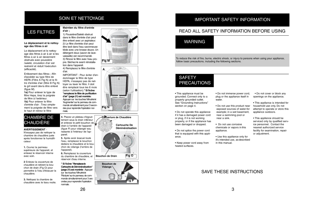 Danby DHCC6020 Soin ET Nettoyage, LES Filtres, Important Safety Information, Safety Precautions, Chambre DE, Chaudière 