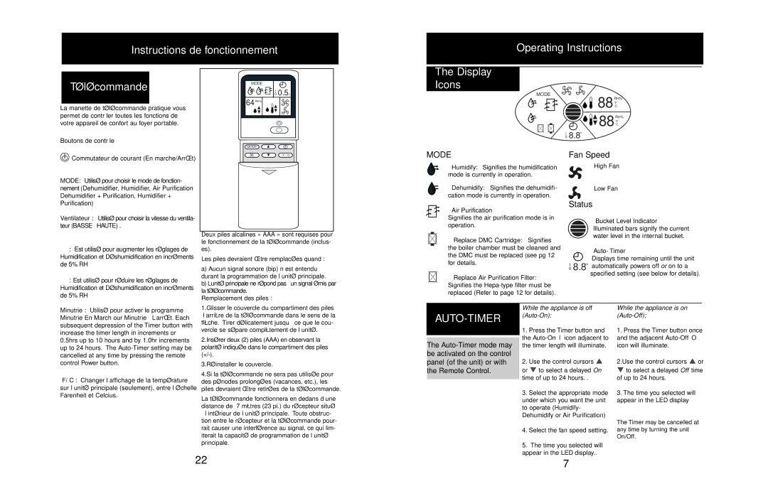 Danby DHCC6020 owner manual Display Icons, Auto-Timer mode may, Be activated on the control Panel of the unit or with 