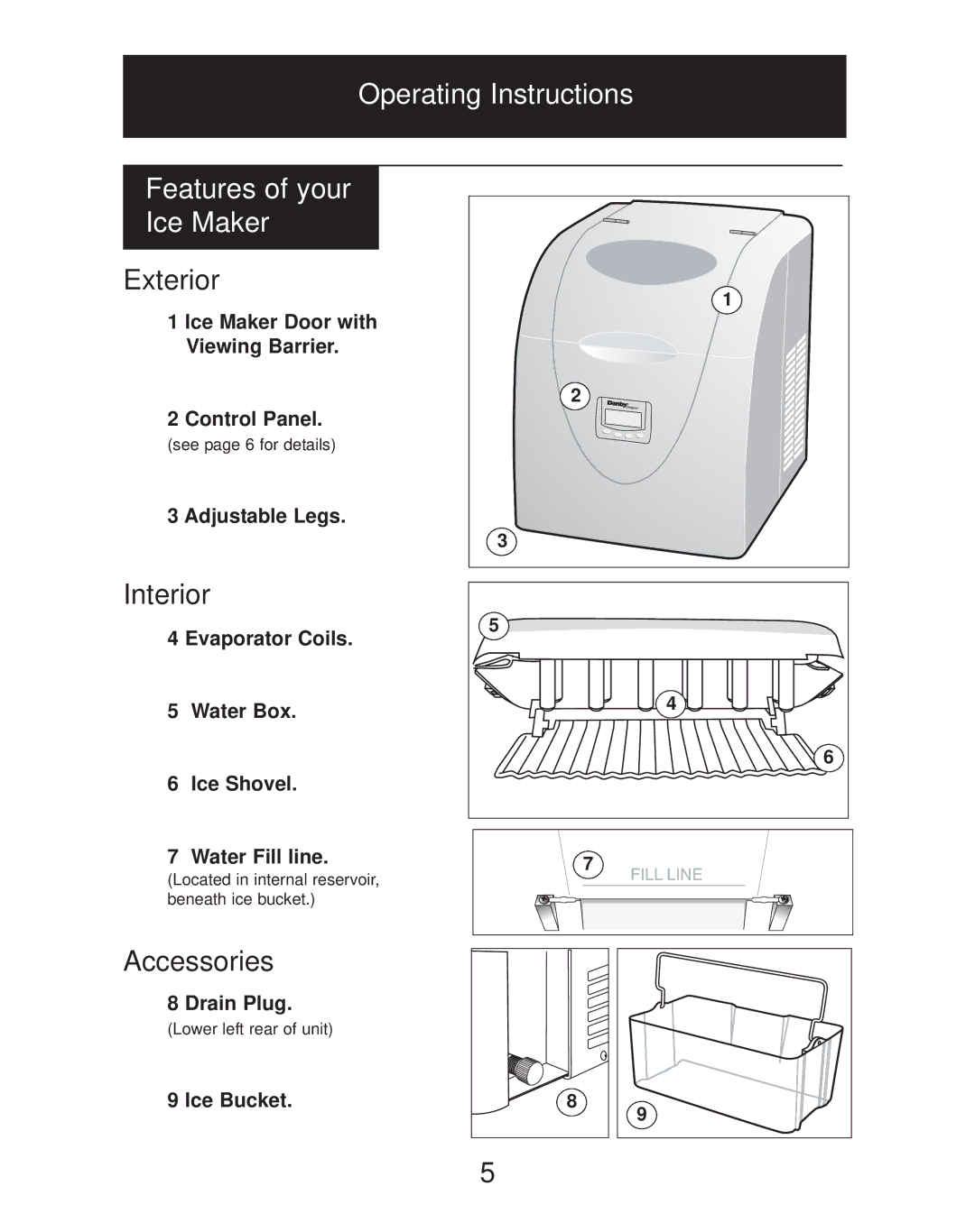 Danby dim1524w manual Operating Instructions Features of your Ice Maker, Exterior, Interior, Accessories 