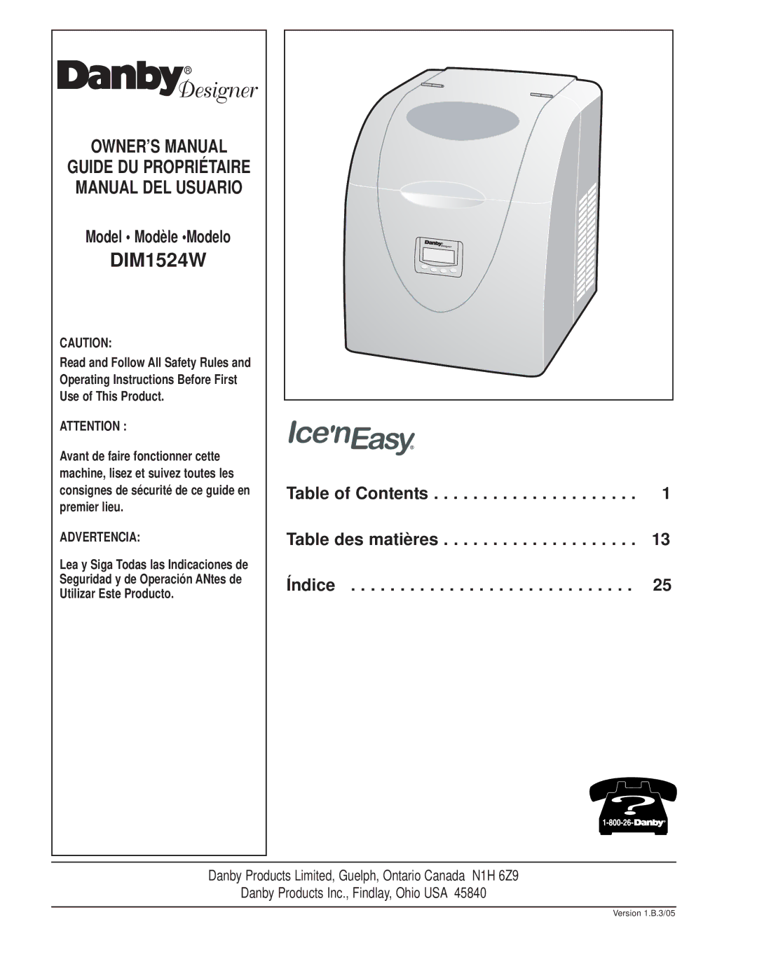Danby dim1524w manual Table of Contents Table des matières Índice 