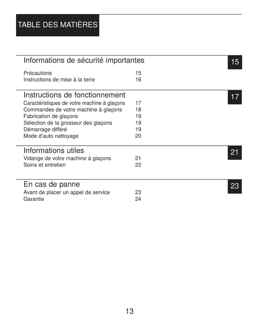 Danby dim1524w Table DES Matières, Informations de sécurité importantes, Instructions de fonctionnement, En cas de panne 