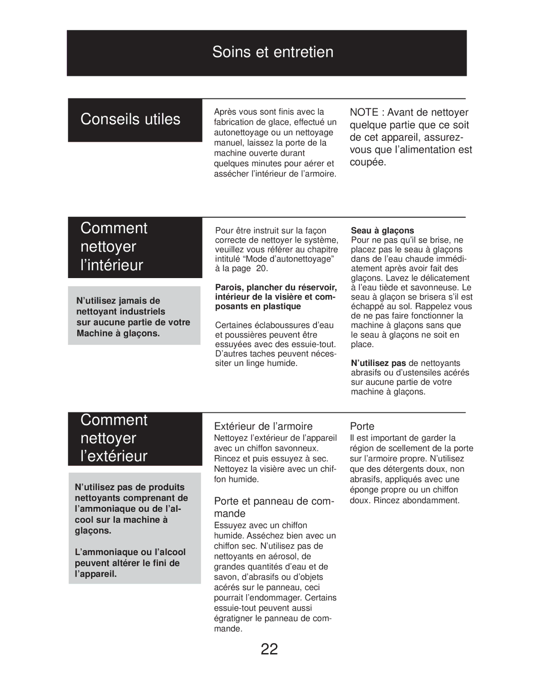 Danby dim1524w manual Soins et entretien Conseils utiles, Comment nettoyer l’intérieur, Comment nettoyer l’extérieur 