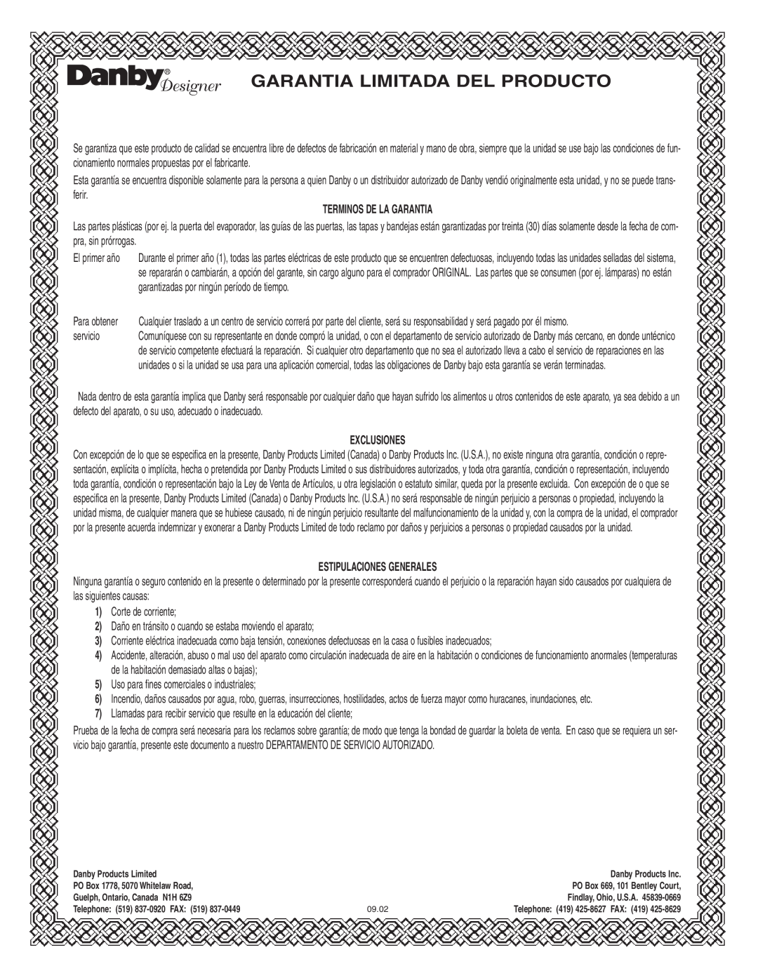 Danby dim1524w manual Garantia Limitada Del Producto, Terminos De La Garantia, Exclusiones, Estipulaciones Generales 