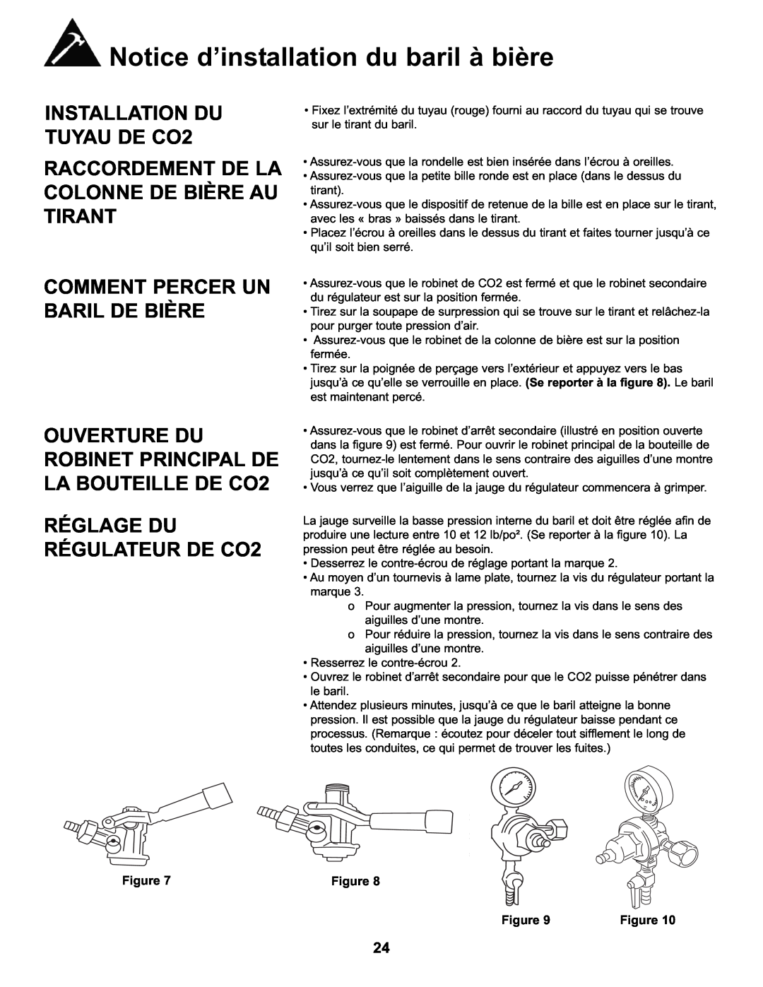 Danby DKC146SLDB INSTALLATION DU TUYAU DE CO2, Raccordement De La Colonne De Bière Au Tirant, RÉGLAGE DU RÉGULATEUR DE CO2 