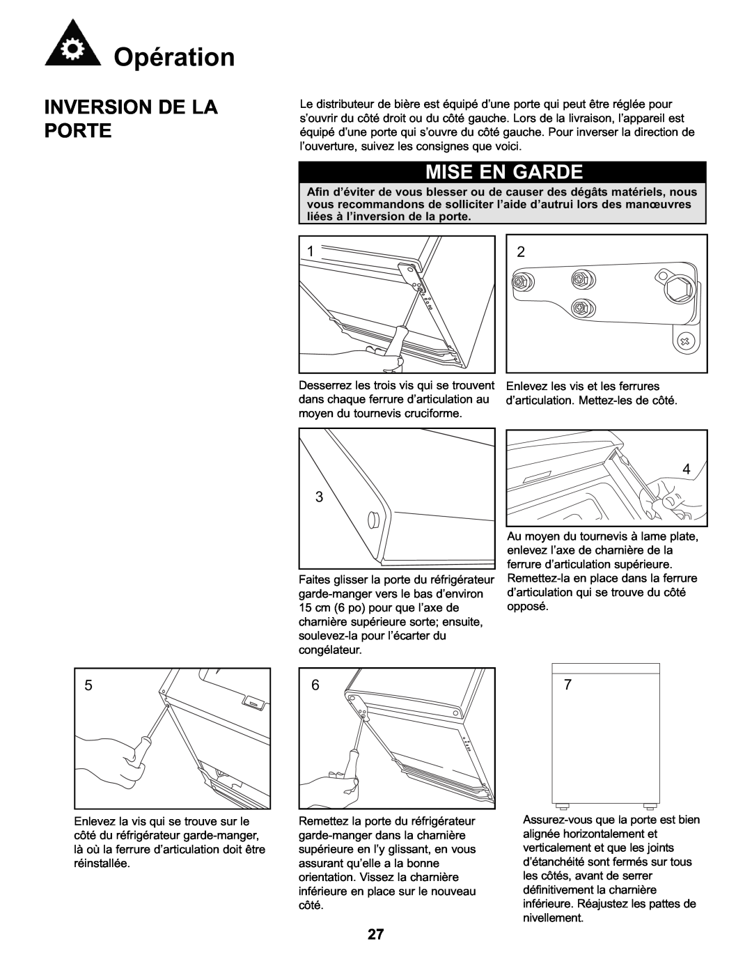 Danby DKC146SLDB manual Inversion De La Porte, Mise En Garde, Opération 