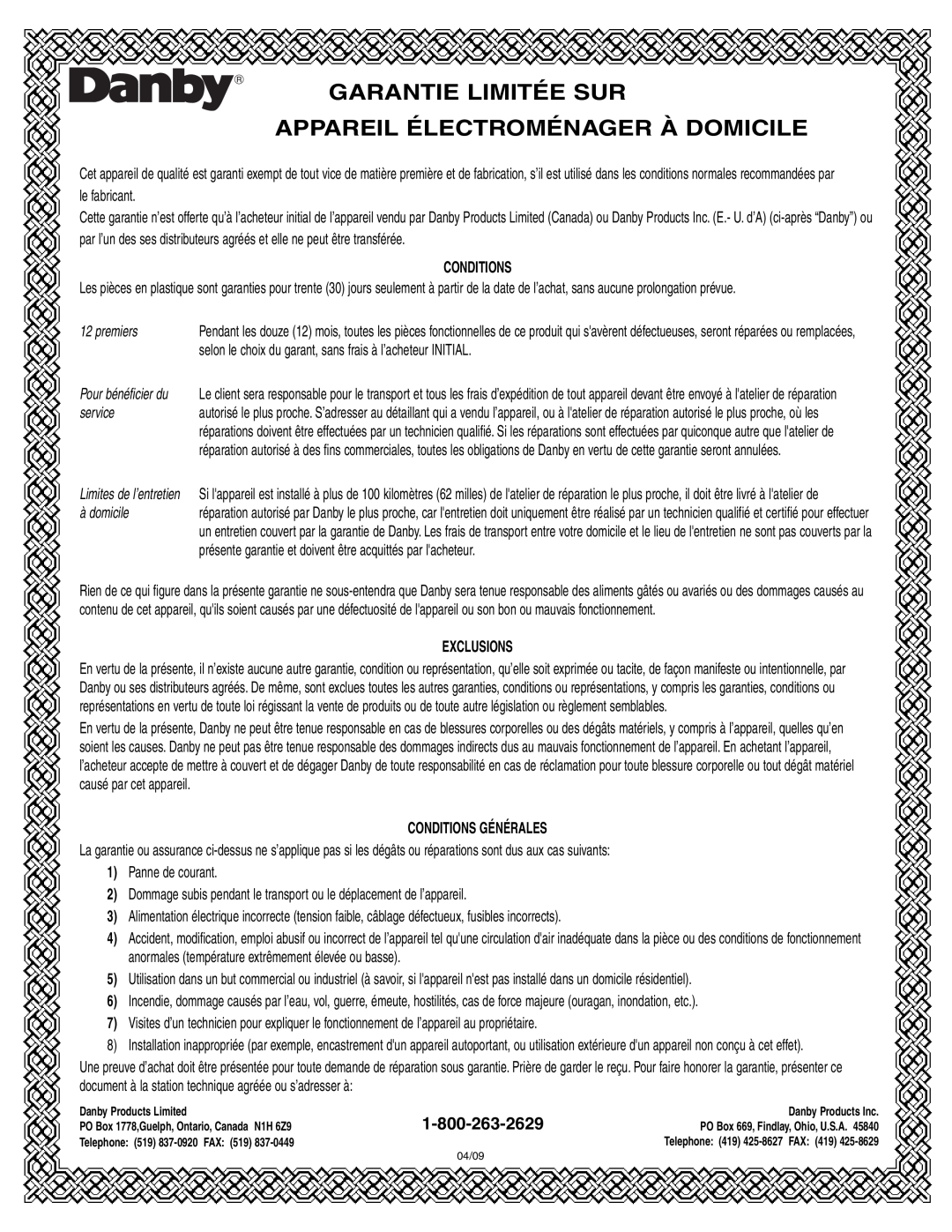 Danby DKC146SLDB manual Garantie Limitée Sur Appareil Électroménager À Domicile, Conditions, premiers, service, à domicile 