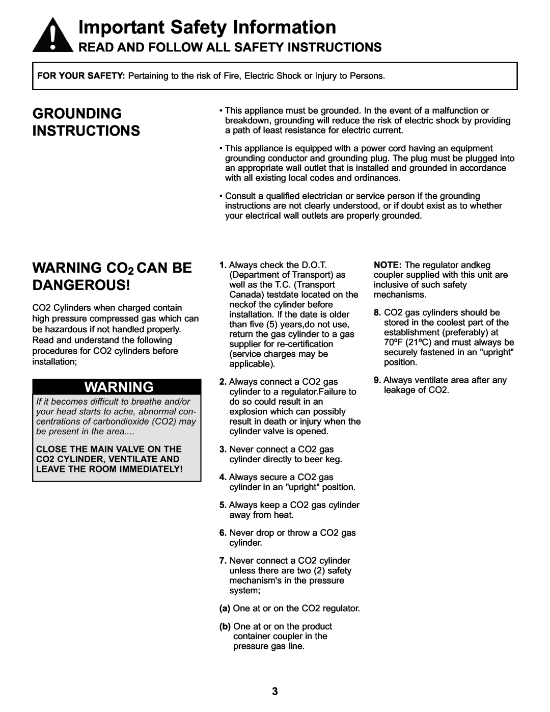 Danby DKC146SLDB manual Important Safety Information, Grounding Instructions, WARNING CO2 CAN BE DANGEROUS 