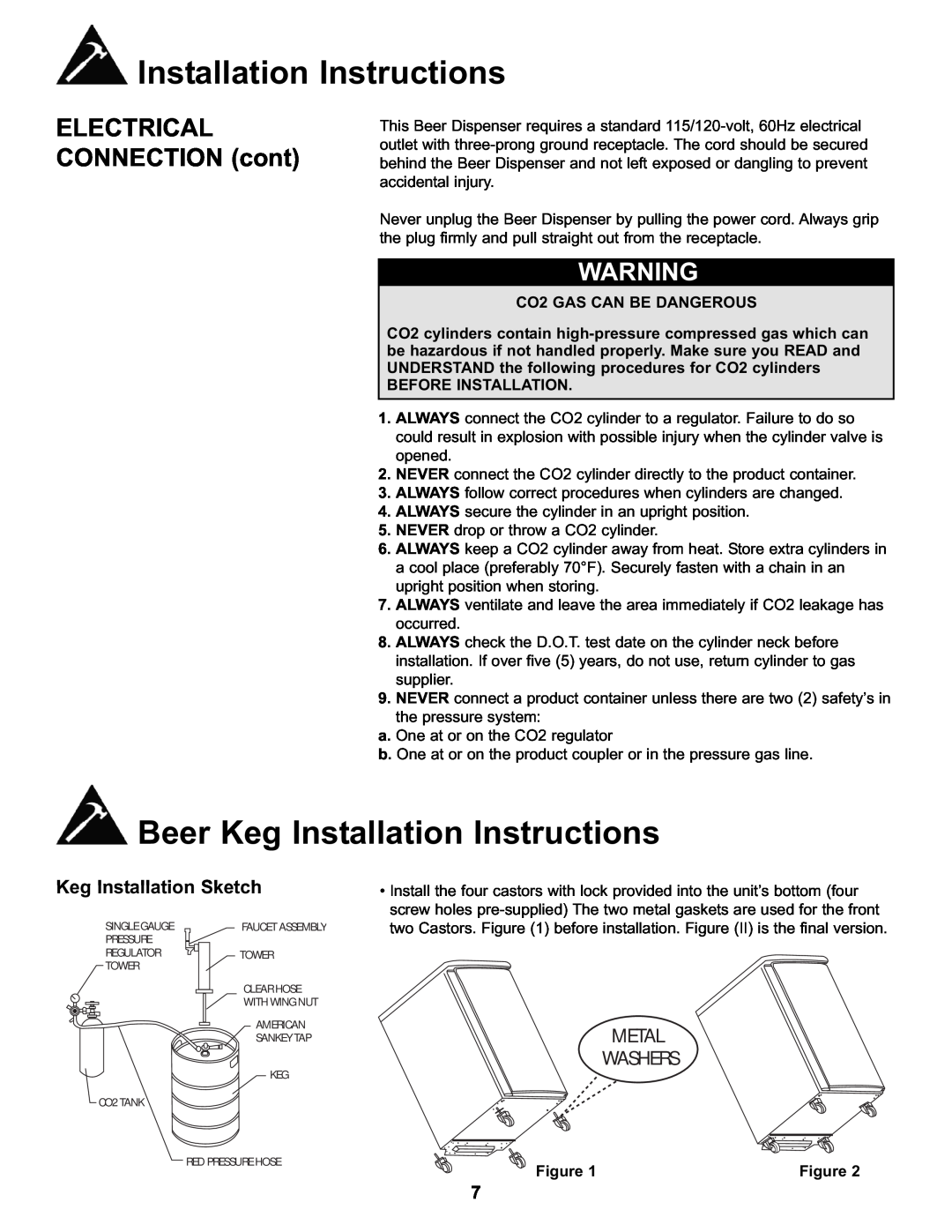 Danby DKC146SLDB Beer Keg Installation Instructions, ELECTRICAL CONNECTION cont, Keg Installation Sketch, Metal Washers 