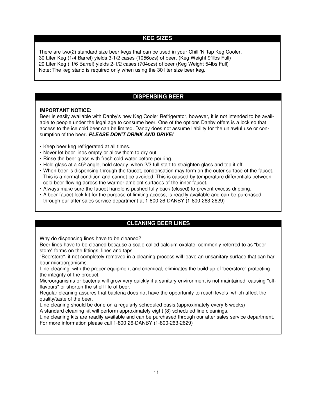 Danby DKC445BL manual KEG Sizes, Dispensing Beer, Cleaning Beer Lines 