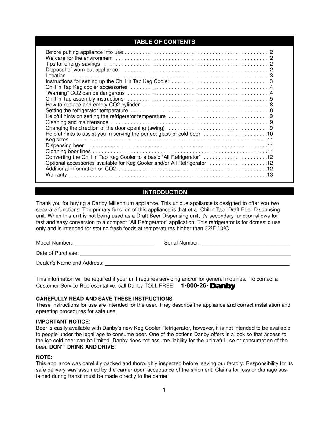 Danby DKC445BL manual Table of Contents, Introduction 