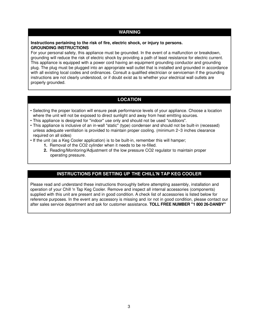 Danby DKC445BL manual Location, Instructions for Setting UP the Chilln Tapkeg Cooler, Grounding Instructions 