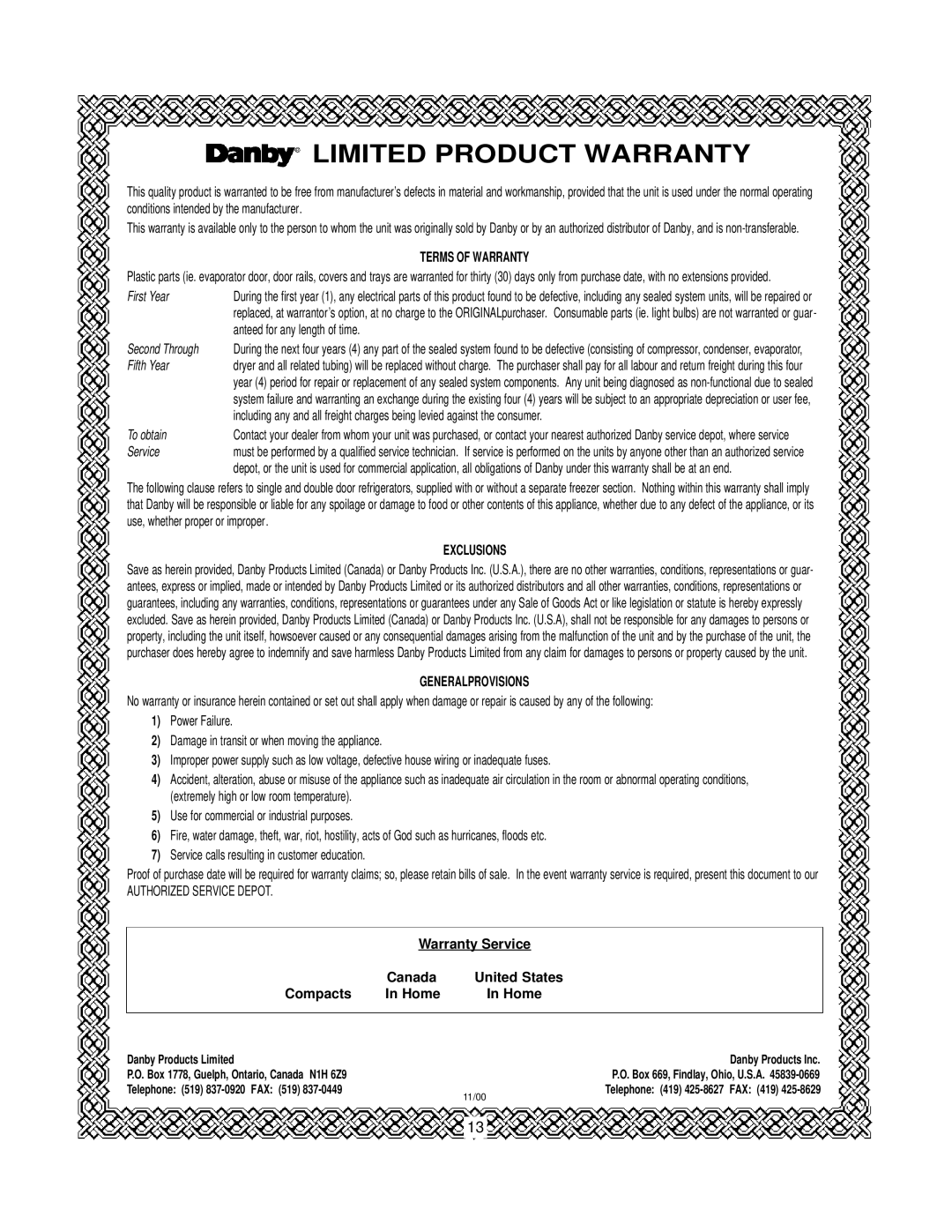 Danby DKC445BL manual Limited Product Warranty, Terms Of Warranty, Exclusions, Generalprovisions, Warranty Service, Canada 