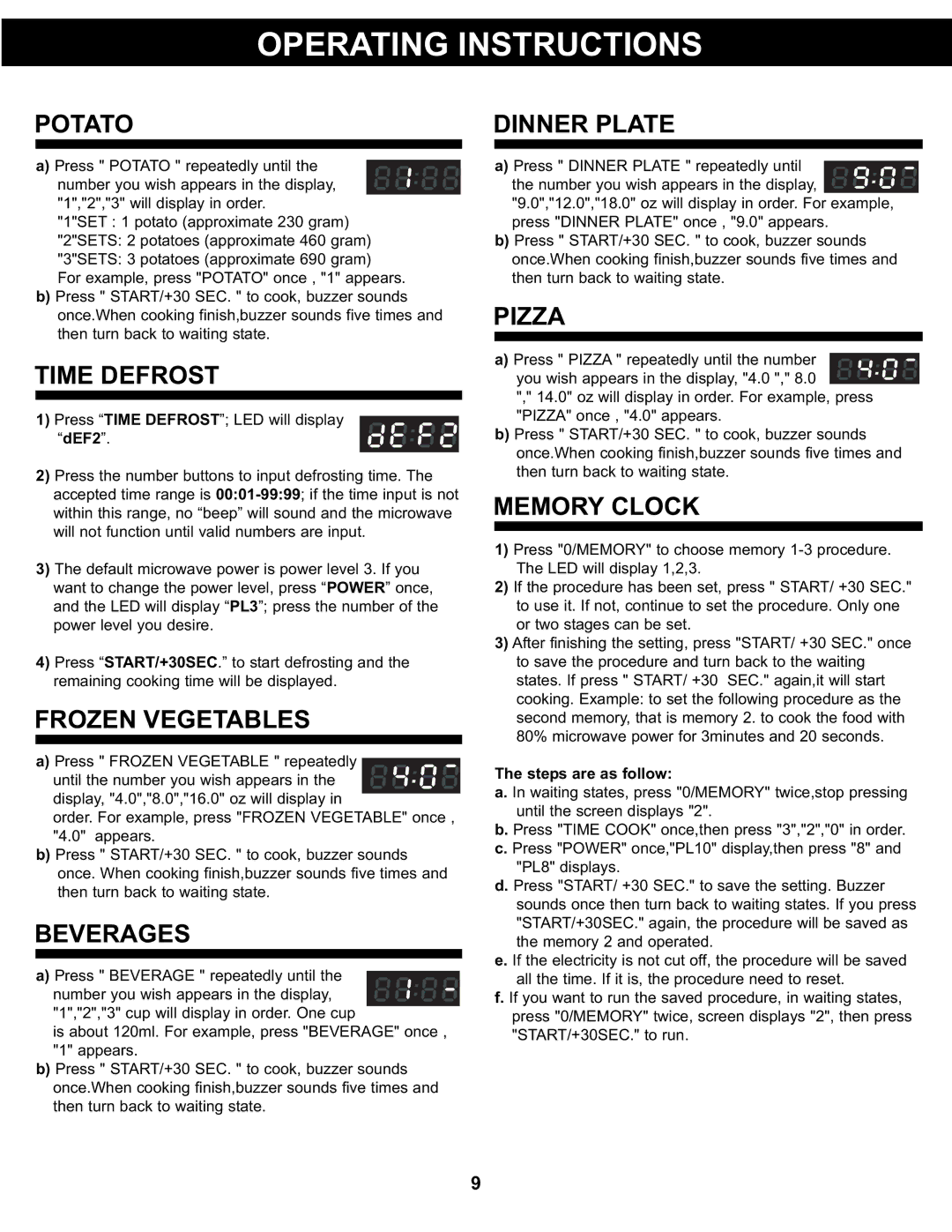 Danby DMW077BLSDD, DMW077BLDB manual Potato, Time Defrost, Frozen Vegetables, Beverages, Dinner Plate, Pizza, Memory Clock 