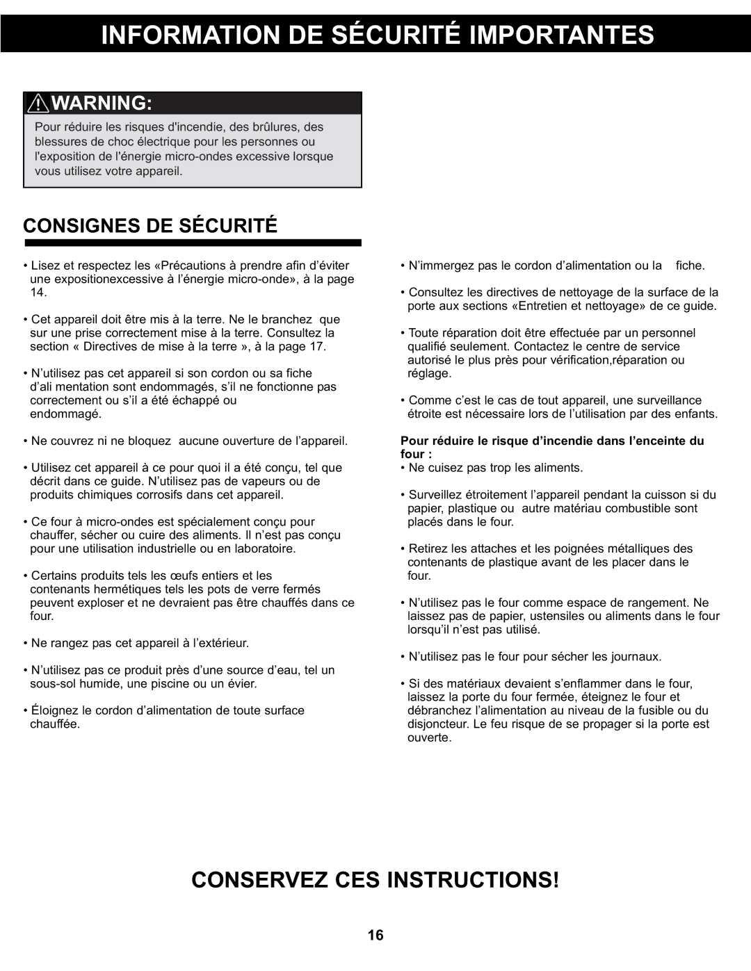 Danby DMW077BLDB, DMW077BLSDD manual Consignes DE Sécurité, Pour réduire le risque d’incendie dans l’enceinte du four 